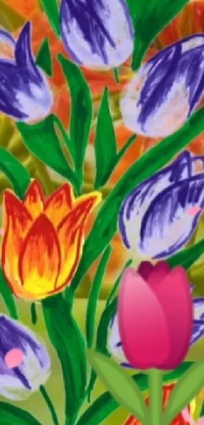 Colorful tulips mobile wallpaper with green leaves.