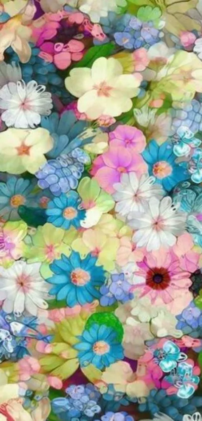 Vibrant colorful floral pattern wallpaper with diverse flowers.