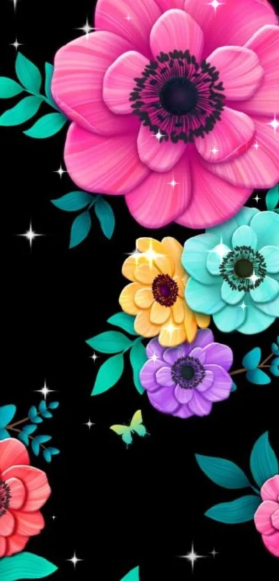 Vibrant floral wallpaper with colorful flowers on black background.