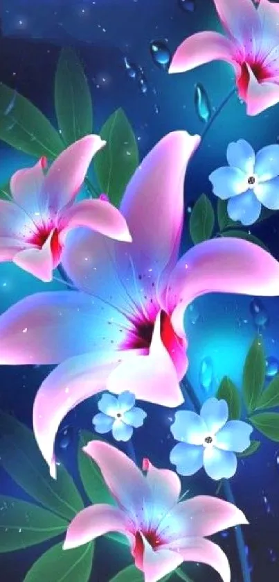 Vibrant wallpaper with pink lilies and blue accents.