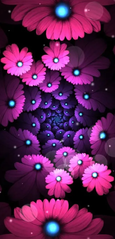 Glowing pink and purple flowers wallpaper with elegant pattern.