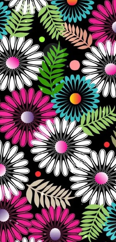 Colorful floral wallpaper with daisy patterns on a black background.