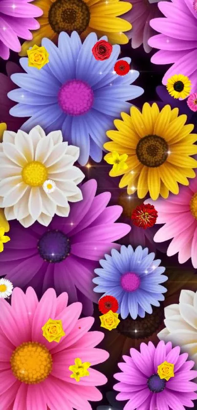 Vivid and colorful floral wallpaper with various daisy patterns.