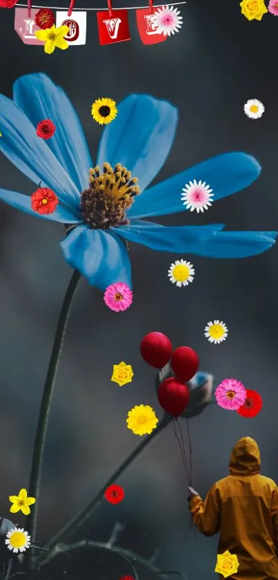 Blue flower with colorful petals and balloons in vibrant wallpaper.