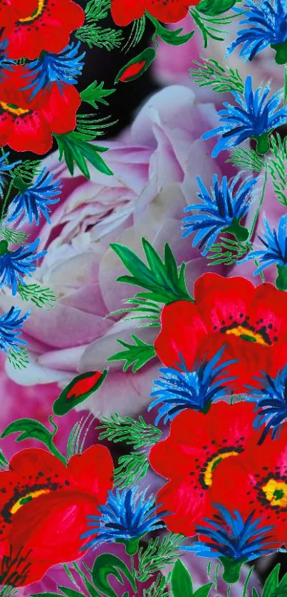 Vibrant floral wallpaper with red poppies and blue cornflowers on a pink background.