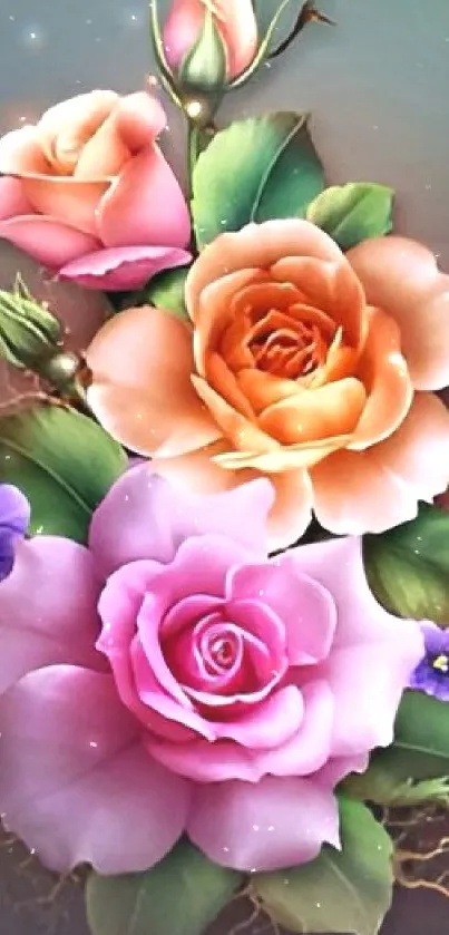 Vibrant floral mobile wallpaper with roses and pansies.