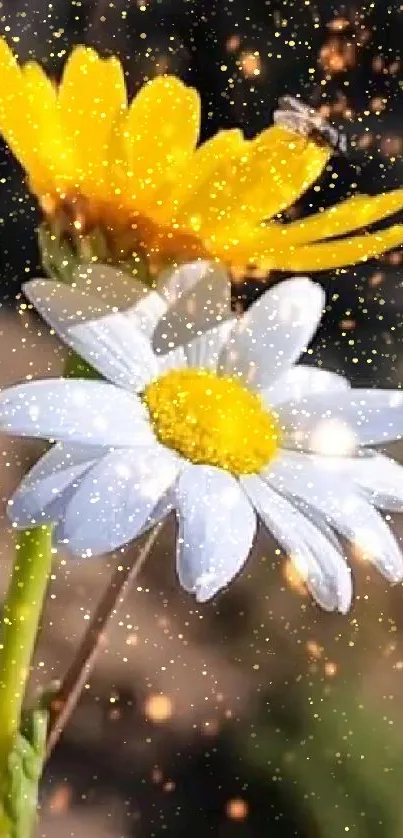 Close-up of vibrant daisies with glowing yellow petals.