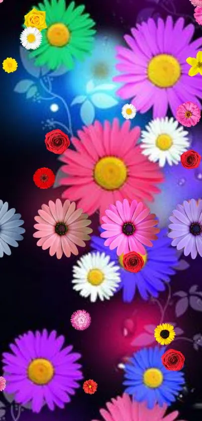 Vibrant floral wallpaper with colorful flowers on a dark background.