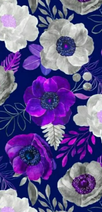 Vibrant floral wallpaper with purple and grey flowers on deep blue background.