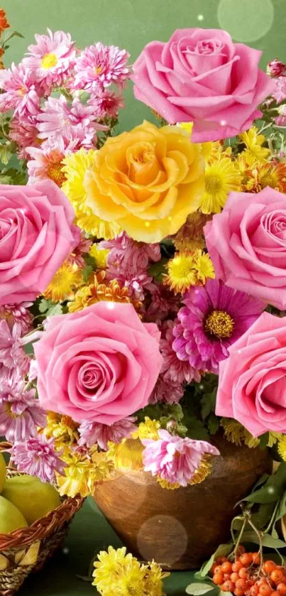 Vibrant mobile wallpaper with pink and yellow flowers in a lush arrangement.