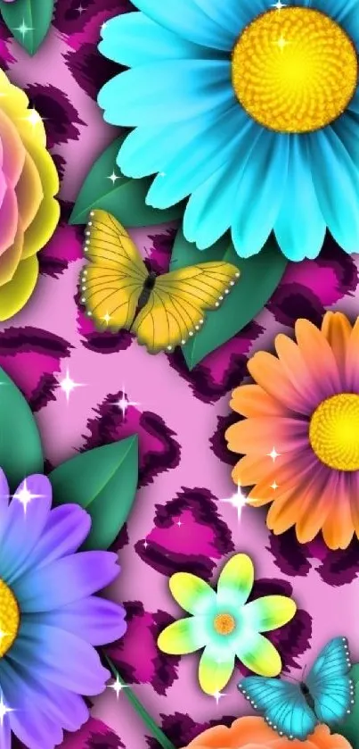 Vibrant wallpaper with colorful flowers and butterflies on a pink background.