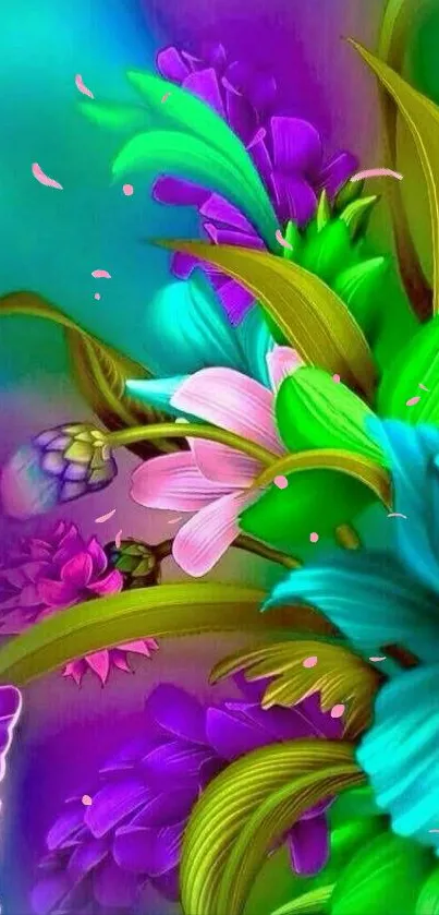 Vibrant turquoise and purple floral mobile wallpaper featuring colorful flowers.