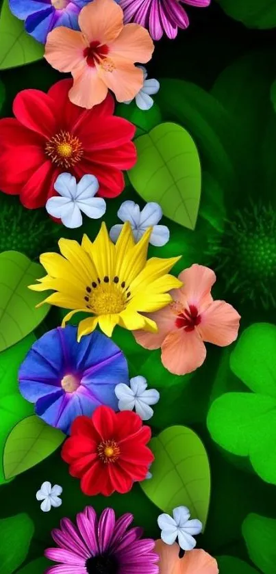 Vibrant mobile wallpaper with colorful flowers and green leaves.