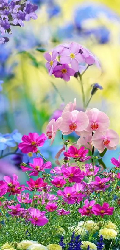 Colorful floral wallpaper with pink and purple blooms against a vibrant background.