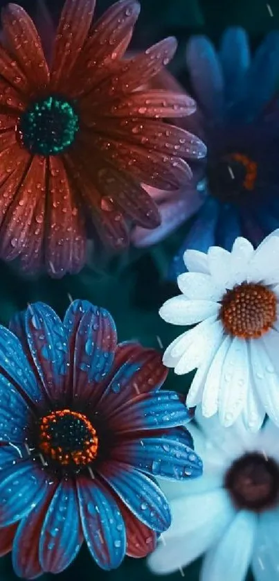Vibrant flowers with water droplets on a colorful mobile wallpaper.