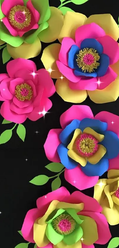 Colorful 3D paper flowers on black background wallpaper.