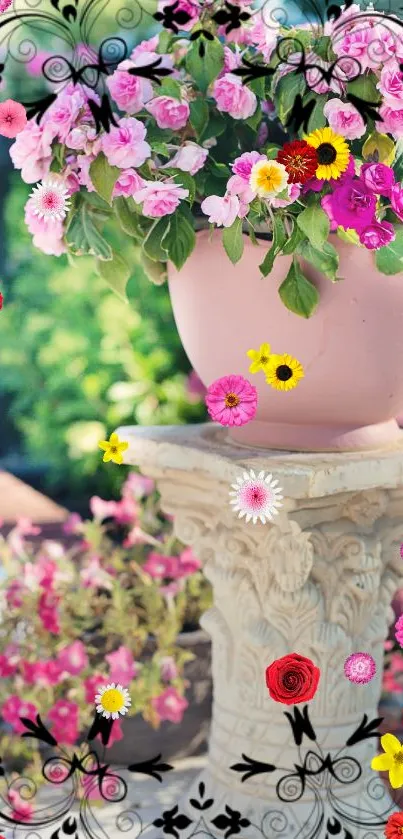 Vibrant floral mobile wallpaper with pink flowers on a decorative vase.