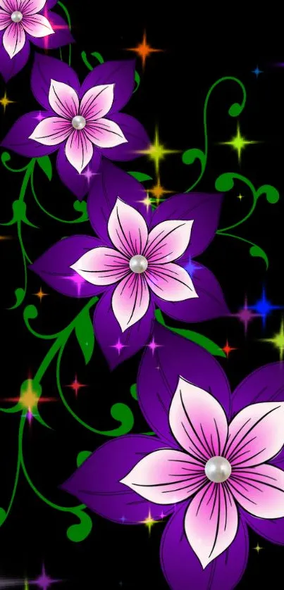 Vibrant purple flowers on a black background with colorful star highlights.