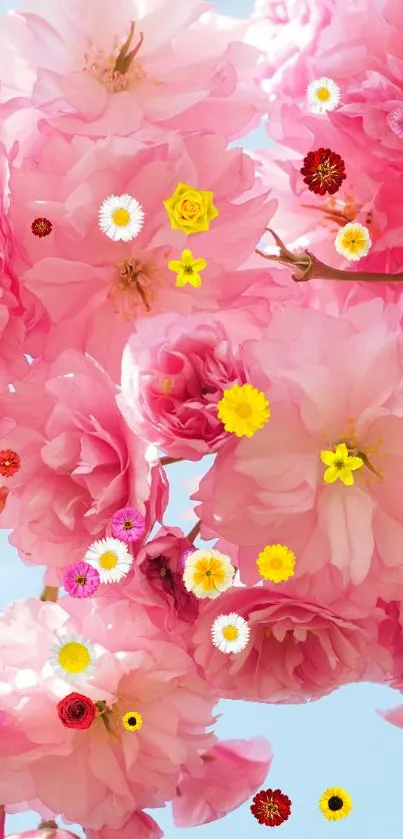 Vibrant pink floral wallpaper with yellow and white flowers.