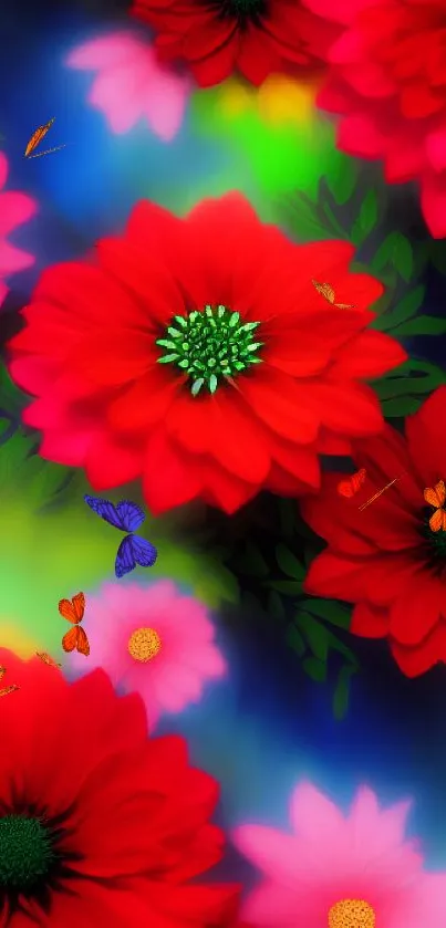 Vibrant floral wallpaper with red flowers and colorful background.