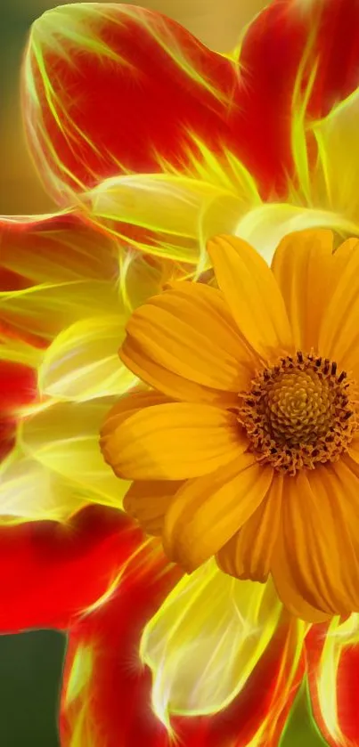 A vibrant floral mobile wallpaper with red and yellow petals.
