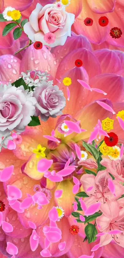 Vibrant floral wallpaper with pink flowers and petals in a colorful display.