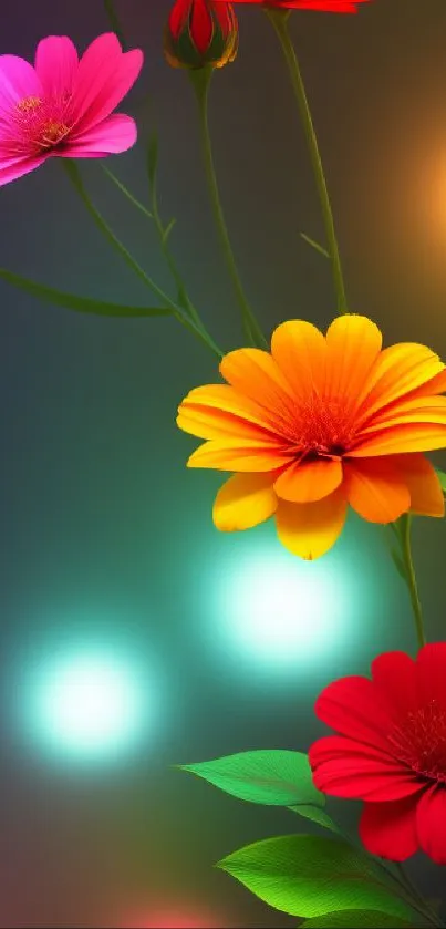 Vibrant floral wallpaper with colorful flowers and glowing bokeh lights.