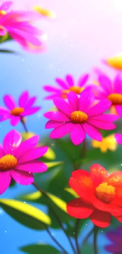 Vibrant pink and orange flowers against a blue sky in a mobile wallpaper.