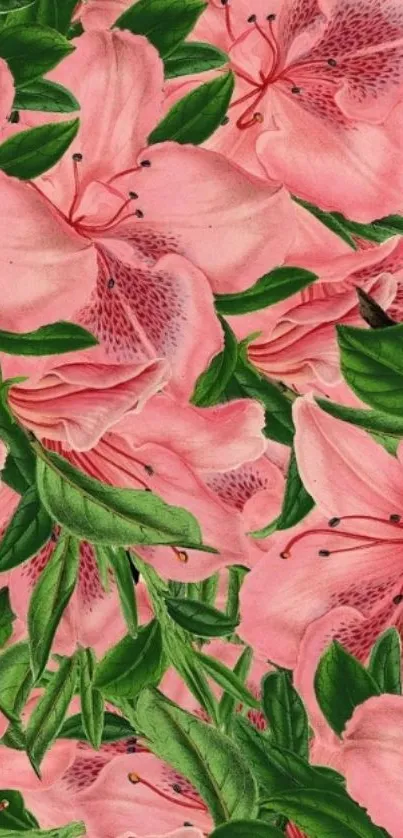 Pink floral wallpaper with green leaves.