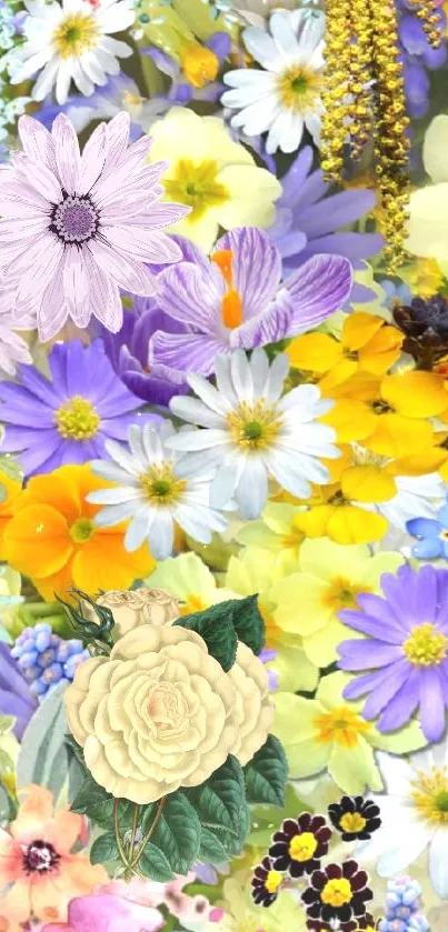 Mobile wallpaper with vibrant colorful flowers in pink, yellow, and purple.