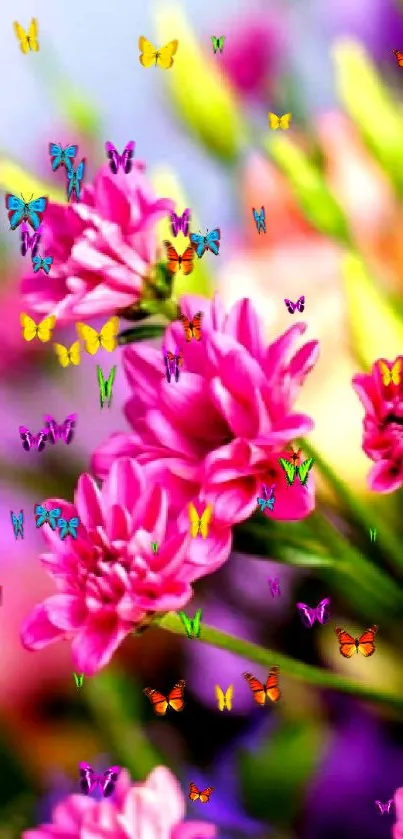Vibrant pink and purple floral wallpaper with colorful blooms.