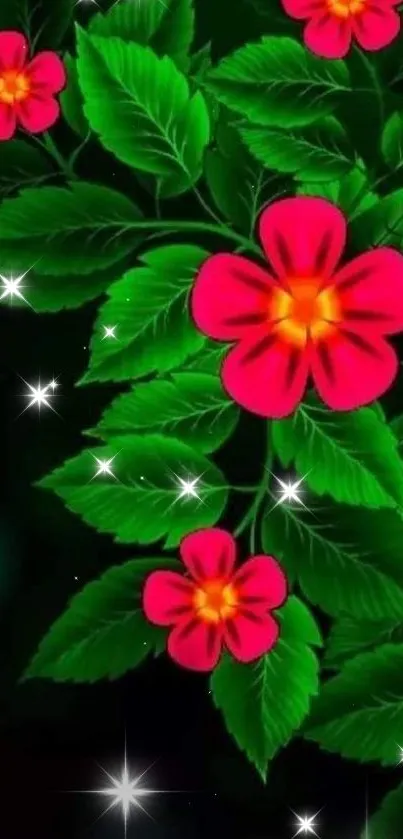 Vibrant mobile wallpaper with pink flowers and green leaves on a dark background.