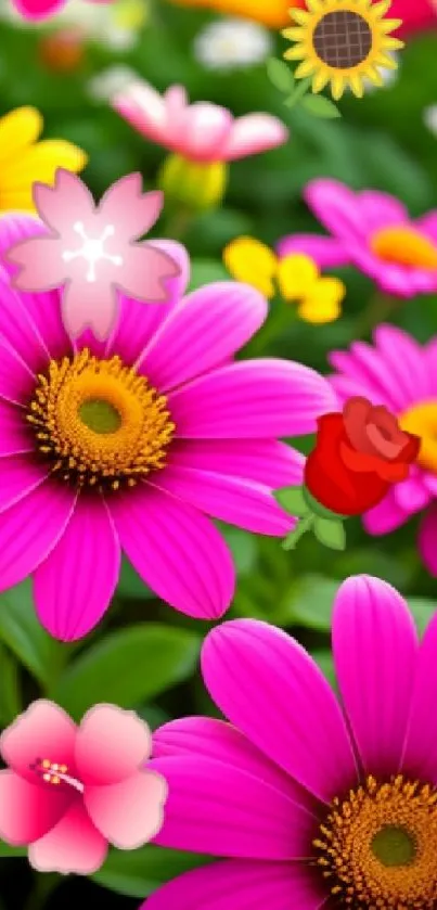 Vibrant mobile wallpaper with colorful pink and yellow flowers.