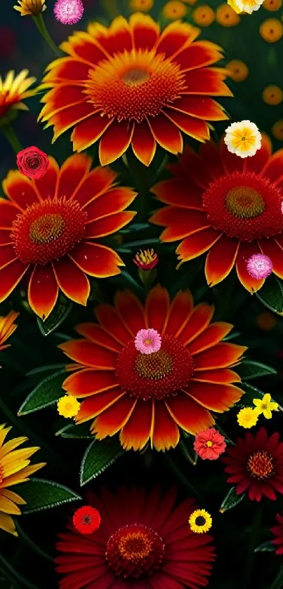 Vibrant red and orange floral mobile wallpaper with blossoms.