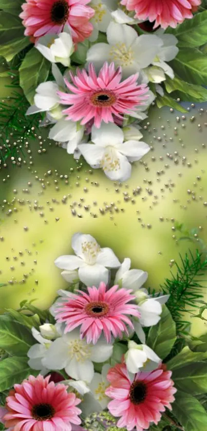 Floral wallpaper with pink daisies and green leaves, perfect for mobile screens.