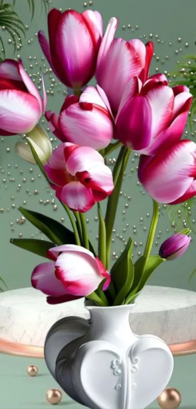 Vibrant pink and white tulips in elegant vase with green backdrop.