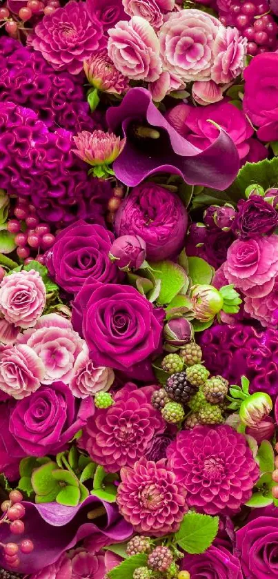 Vibrant pink floral wallpaper with roses and green leaves.