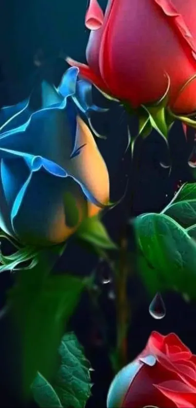 Vibrant wallpaper with blue and red roses adorned with dew drops.