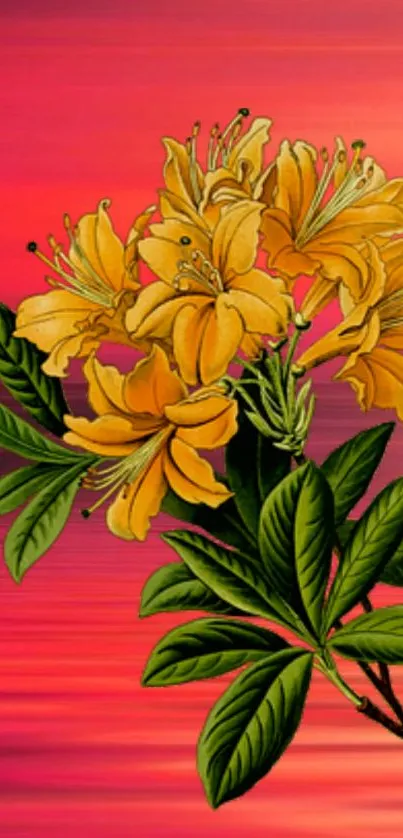 Vibrant yellow flowers on a fiery sunset background.