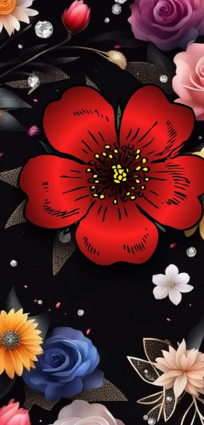 Vibrant floral design with colorful flowers on a black background.