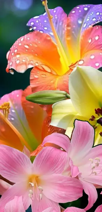 Colorful lilies with dewdrops on a vibrant floral wallpaper.