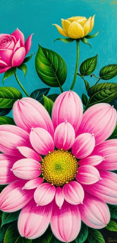Vibrant floral wallpaper with pink and yellow flowers on a turquoise blue background.