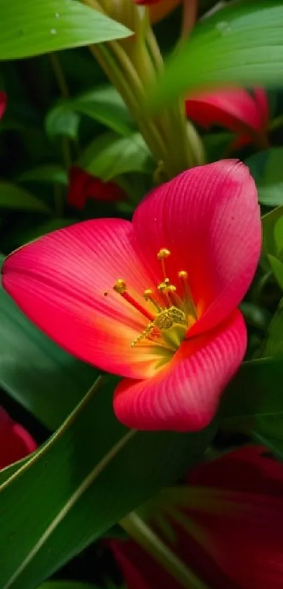 Vibrant red flower with green leaves wallpaper.