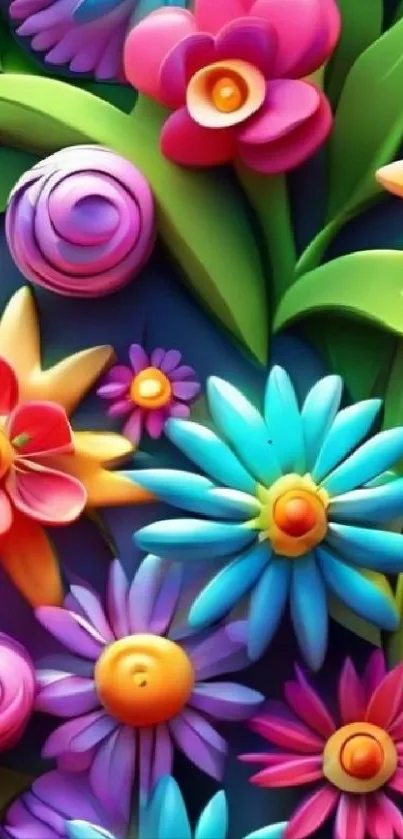 Vibrant floral wallpaper with colorful flowers and green leaves on a dark blue background.