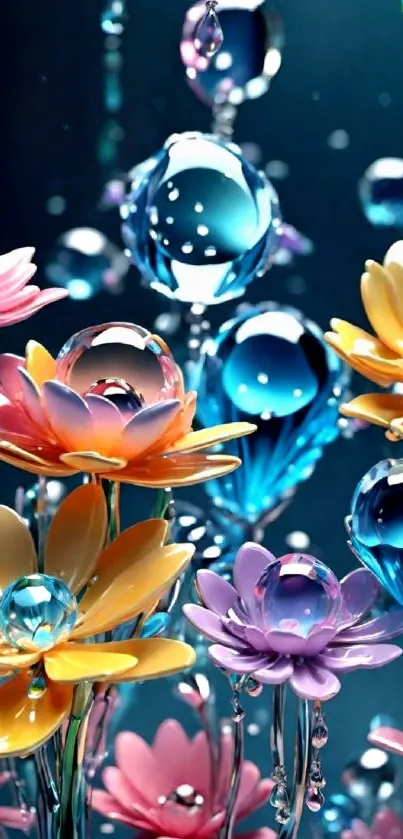 Colorful flowers and glass bubbles on a dark blue background.