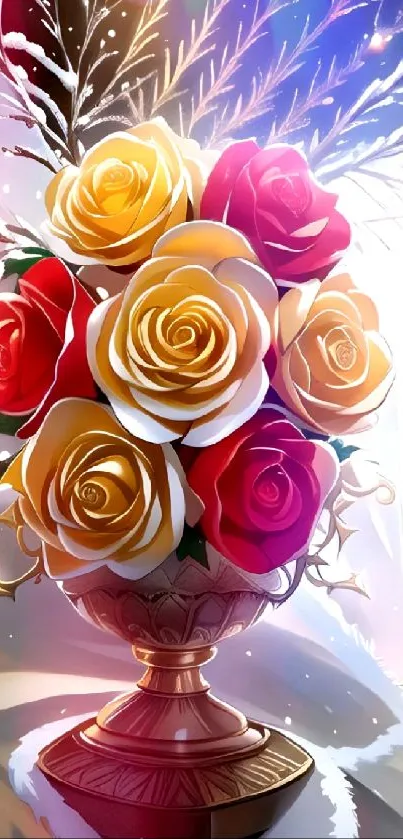 Mobile wallpaper with red and yellow roses in an ornate vase.