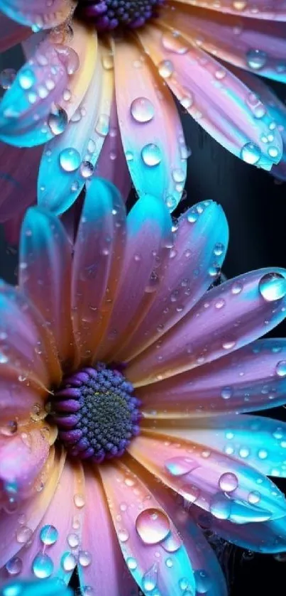 Colorful floral wallpaper with water droplets.
