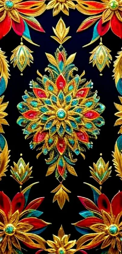 Vibrant ornamental floral pattern on a black background.
