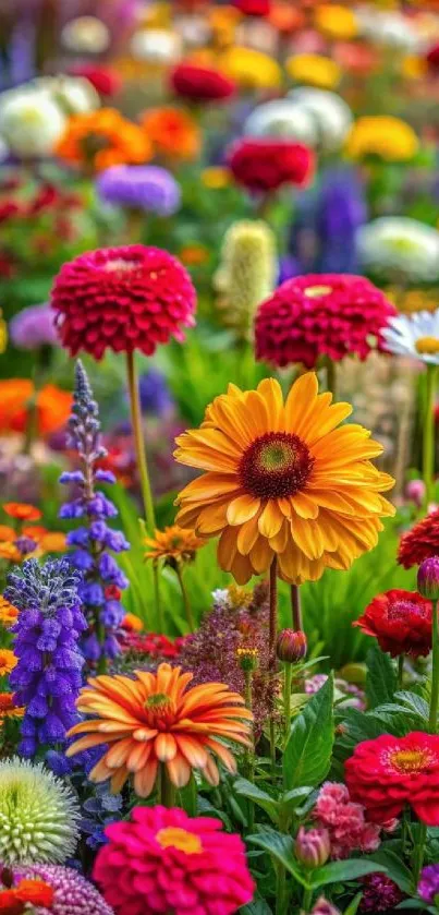 Vivid colorful flowers in full bloom garden scene wallpaper.