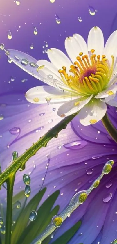 White daisy with dew, purple floral wallpaper.